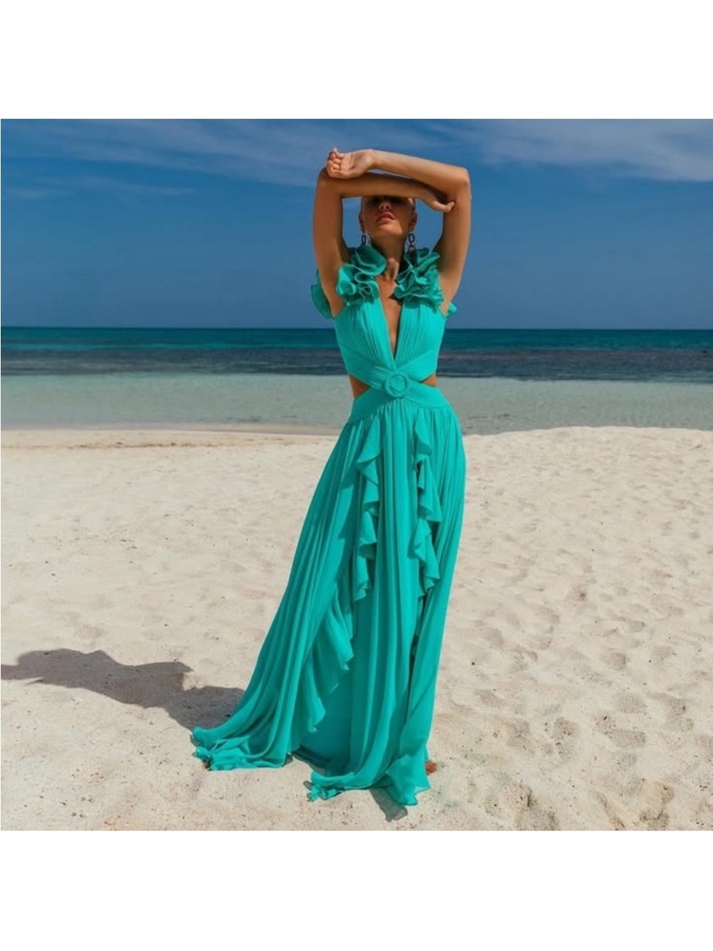 PatBo Turquoise Ruffled Maxi Dress with Cutout Waist